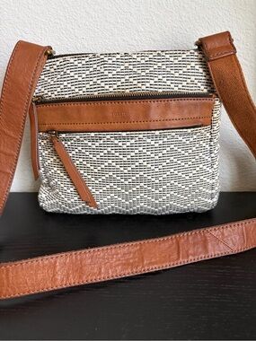 Fossil Cream Woven Crossbody with Brown Leather Trim